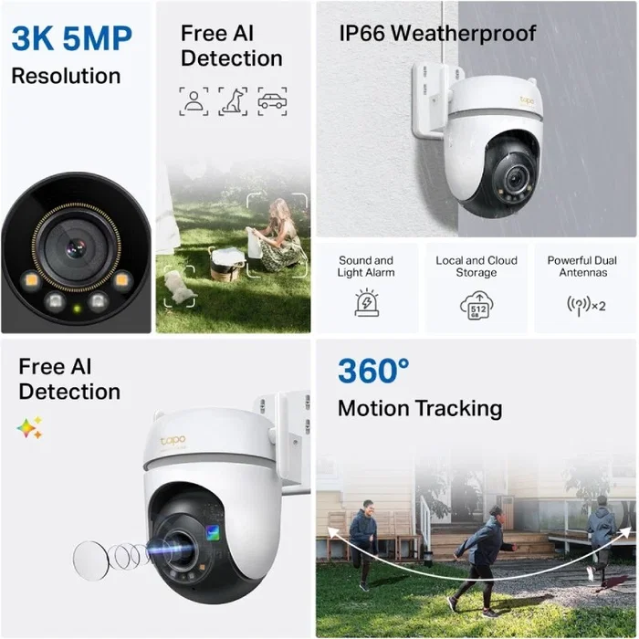 TP-Link Tapo TC43 Cámara de Videovigilancia Exterior 3K 5MP Visión Nocturna Color Detección IA 360° WiFi IP66